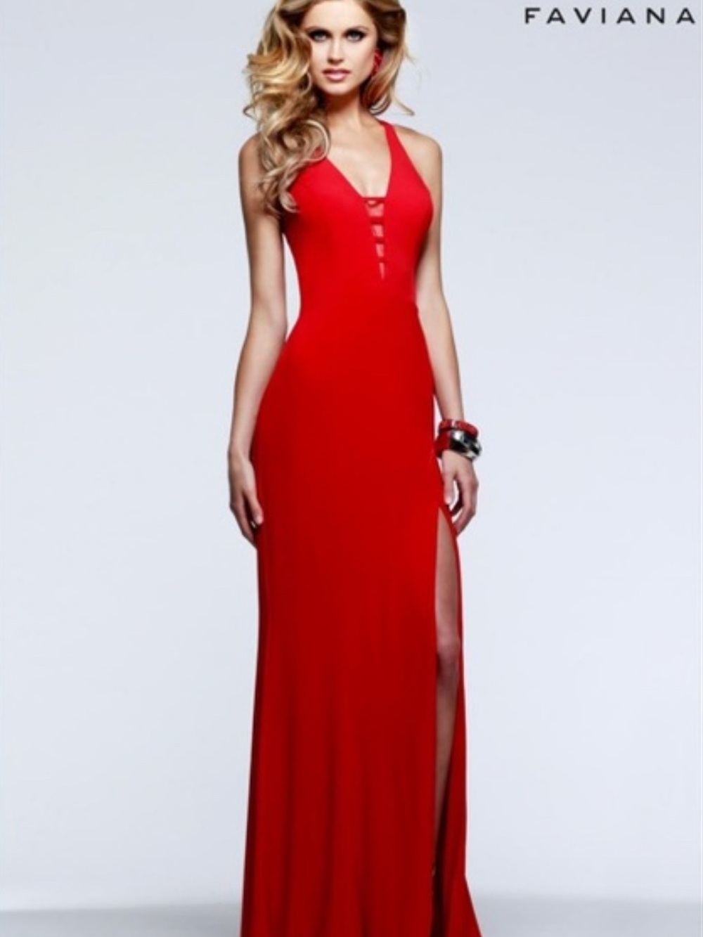 Faviana 7540 Red Halter Plunge Prom Dress with Side Slit